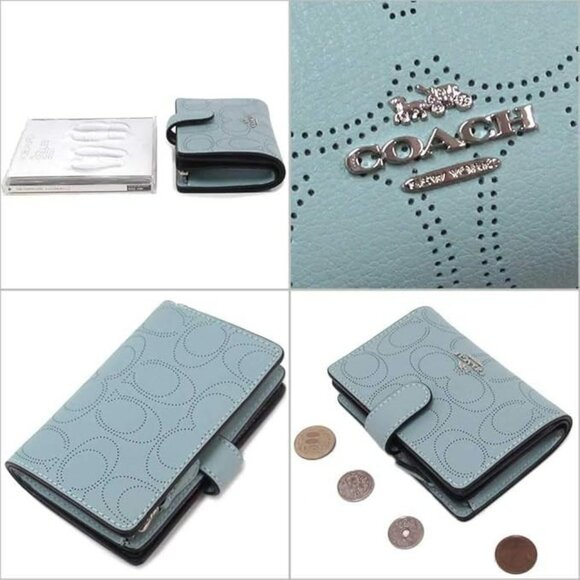 COACH CORNER ZIP WALLET IN PERFORATED SIGNATURE LEATHER Seaform NWOT - Picture 2 of 3